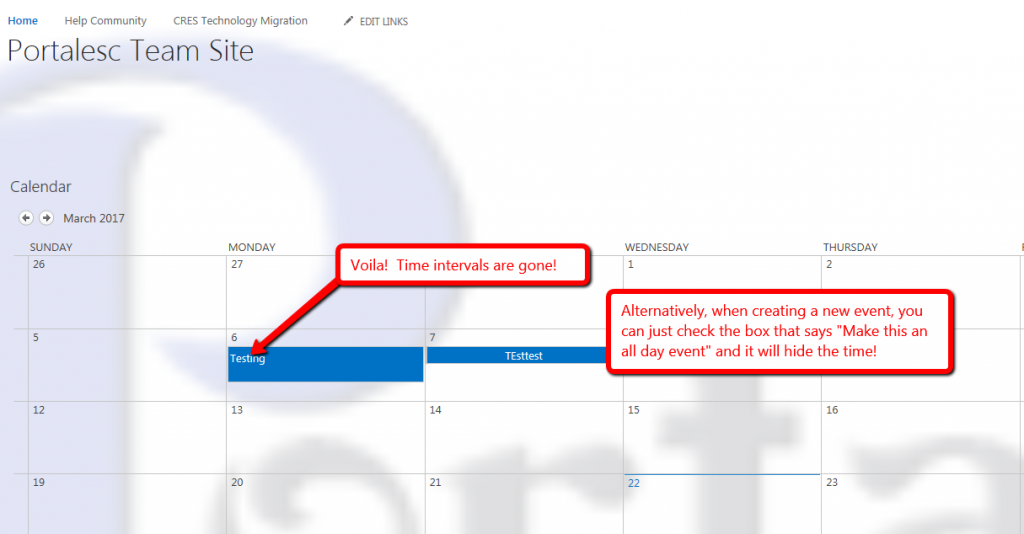 Hide Time Interval in a SharePoint Calendar in Office365 Apes and Chains